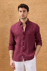 Chemise d'été à manches longues en pur lin bordeaux pour homme