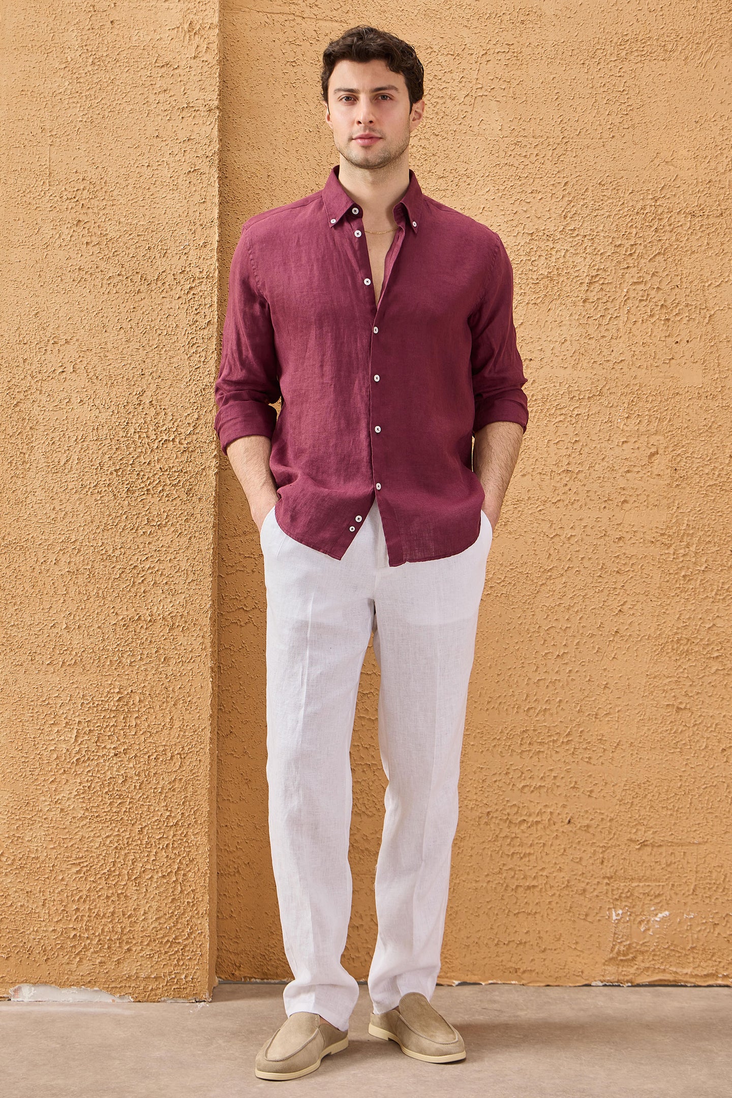 Chemise d'été à manches longues en pur lin bordeaux pour homme