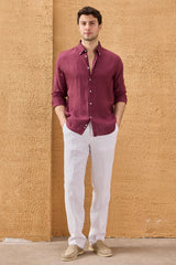 Chemise d'été à manches longues en pur lin bordeaux pour homme
