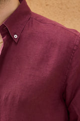 Chemise d'été à manches longues en pur lin bordeaux pour homme