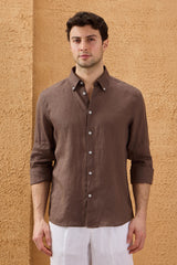Chemise d'été à manches longues en pur lin marron foncé pour homme