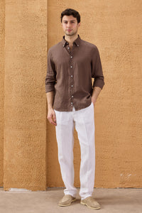Chemise d'été à manches longues en pur lin marron foncé pour homme