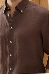 Chemise d'été à manches longues en pur lin marron foncé pour homme