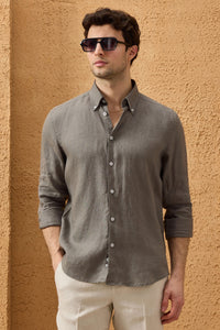 Chemise d'été kaki pour homme en pur lin, manches longues, boutonnée