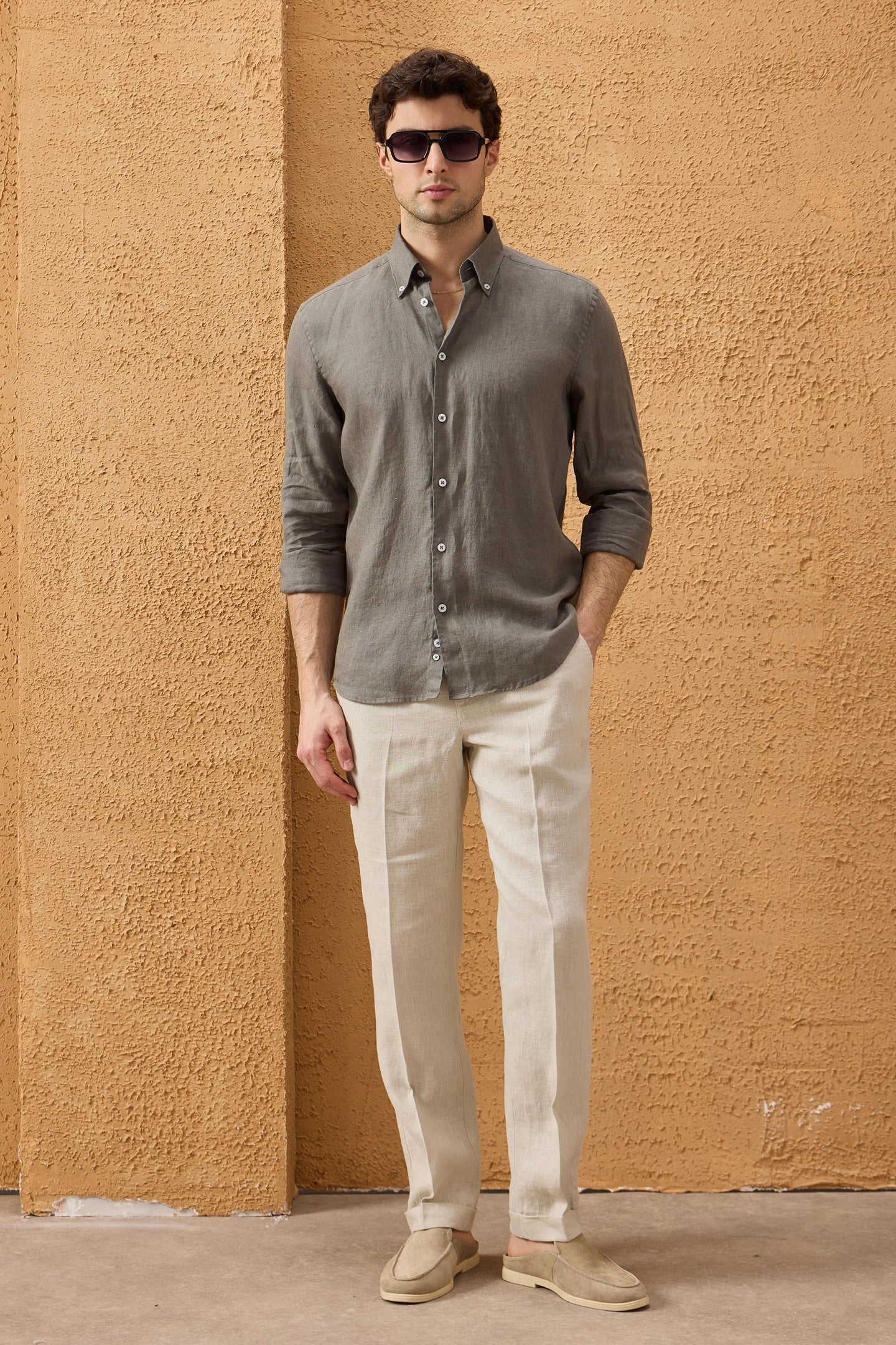 Chemise d'été kaki pour homme en pur lin, manches longues, boutonnée