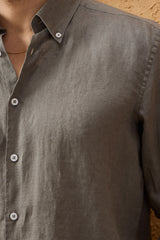 Chemise d'été kaki pour homme en pur lin, manches longues, boutonnée