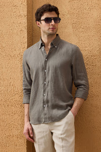 Chemise d'été kaki pour homme en pur lin, manches longues, boutonnée