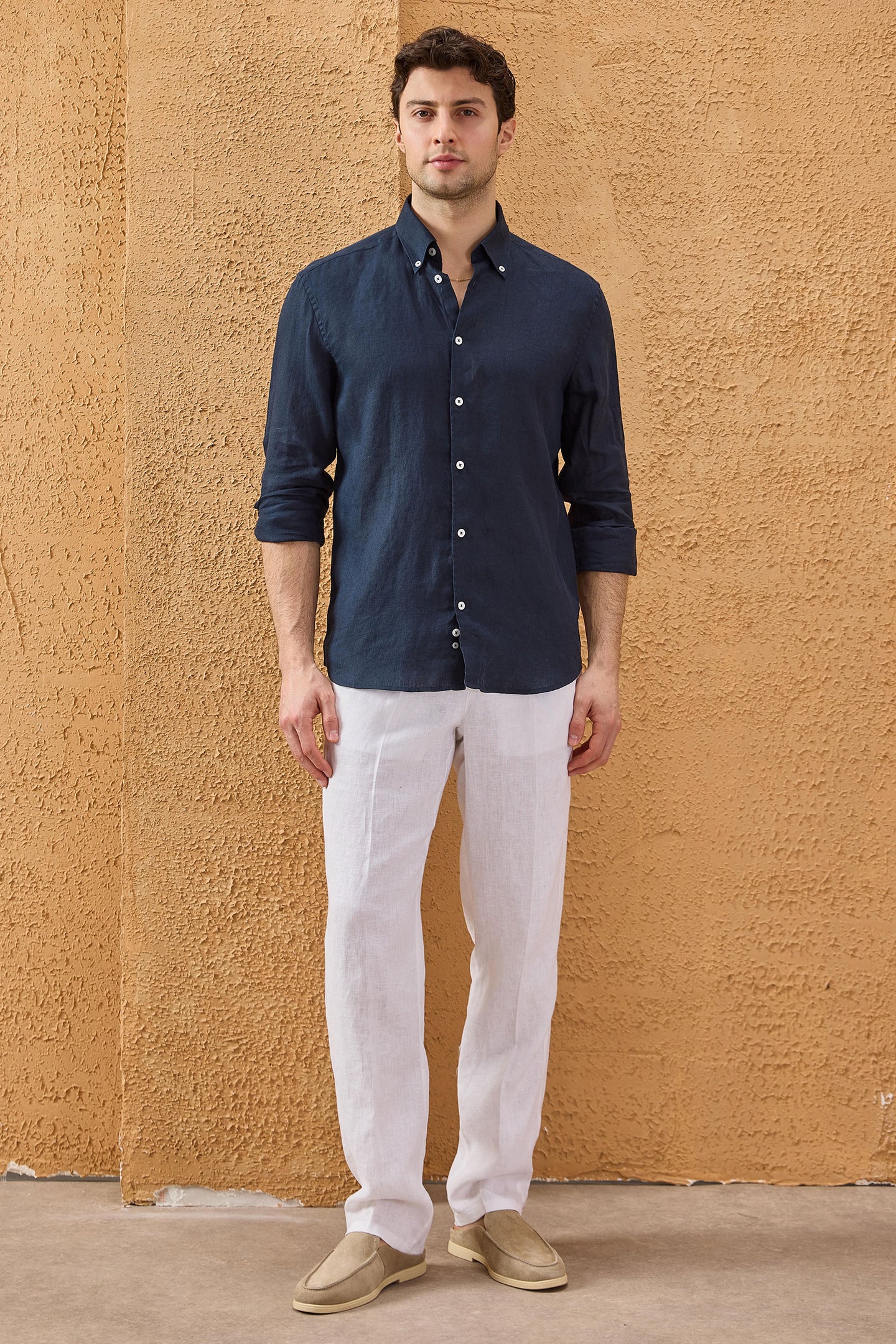 Chemise d'été à manches longues en pur lin bleu marine pour homme