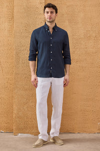 Chemise d'été à manches longues en pur lin bleu marine pour homme