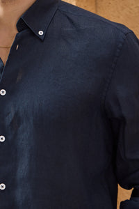 Chemise d'été à manches longues en pur lin bleu marine pour homme