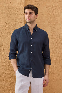Chemise d'été à manches longues en pur lin bleu marine pour homme