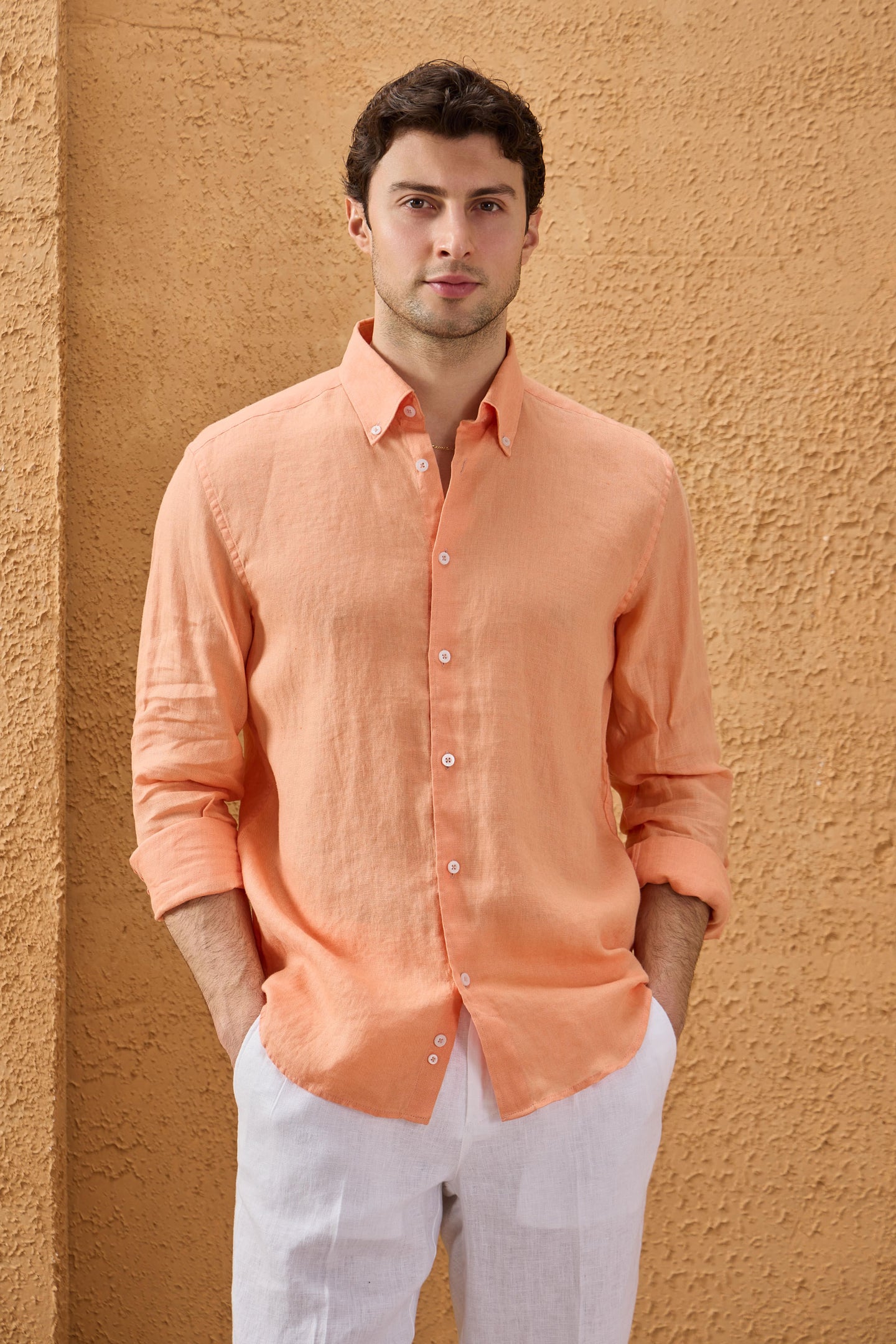 Chemise d'été à manches longues en pur lin orange pour homme