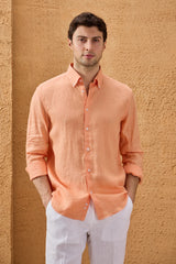 Chemise d'été à manches longues en pur lin orange pour homme