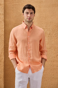 Chemise d'été à manches longues en pur lin orange pour homme