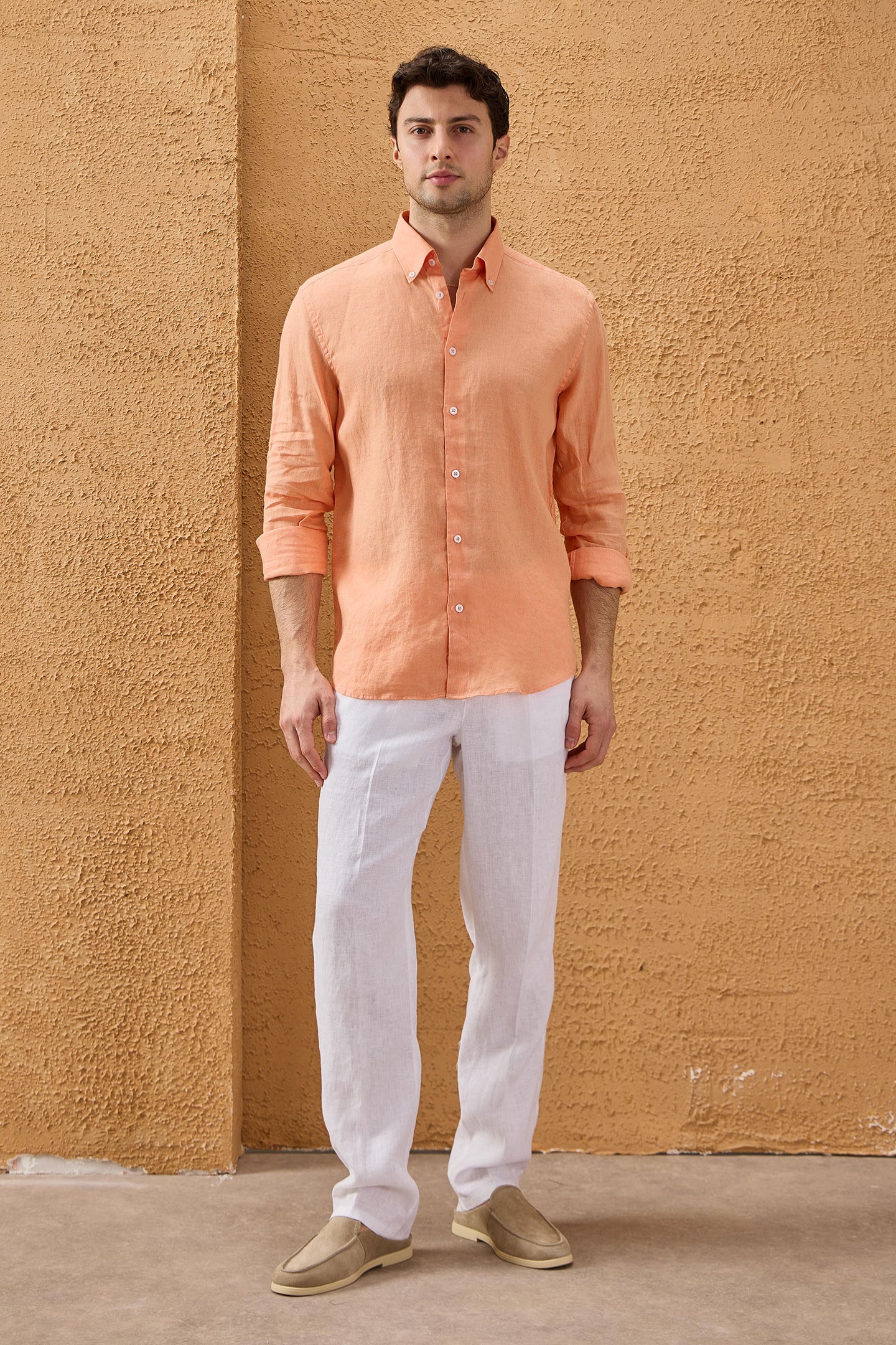 Chemise d'été à manches longues en pur lin orange pour homme