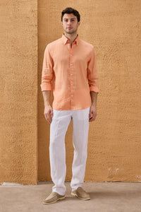 Chemise d'été à manches longues en pur lin orange pour homme