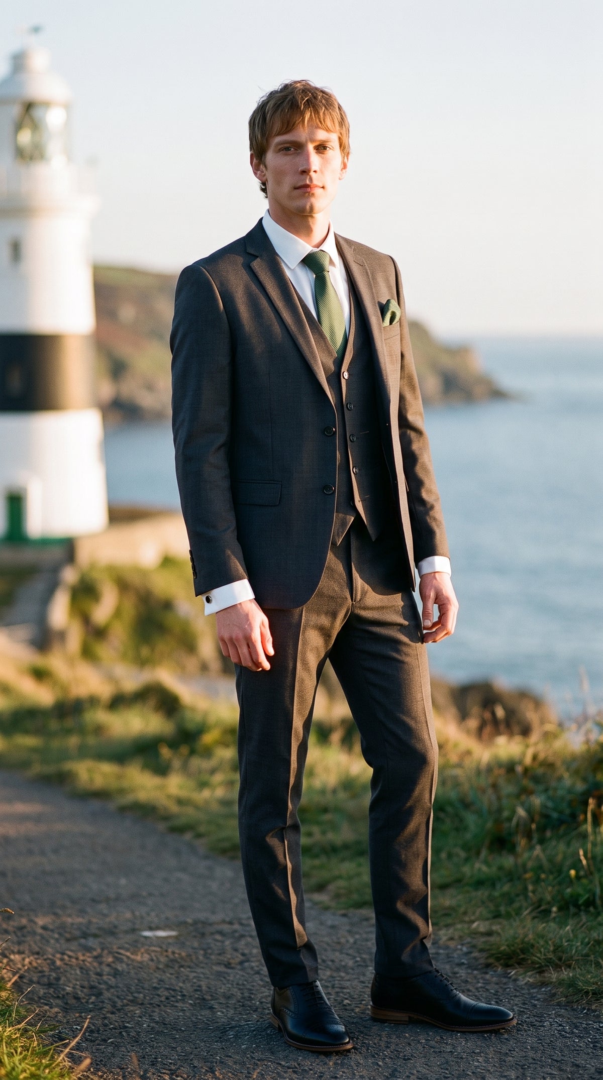 Look #817 styled with Costume trois pièces gris anthracite pour homme, coutures classiques, idéal pour mariage, été ou bal de promo.
