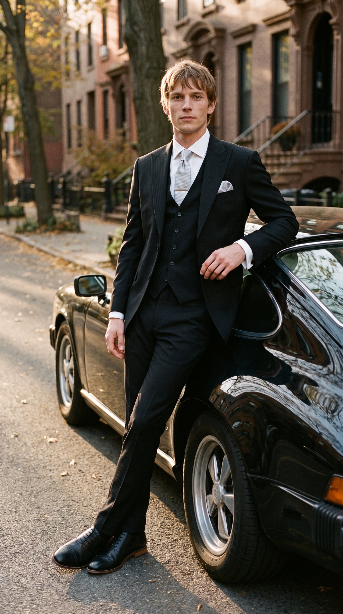 Look #819 styled with Roberto - Costume trois pièces pour homme, rayures noires ombrées, en laine mélangée