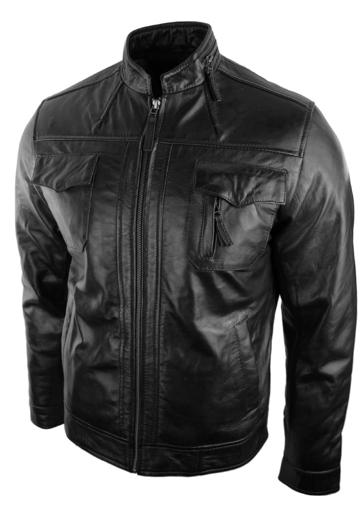 Real Leather Jacket Biker Style Vintage Black Zipped Design Casual Fitted for Men