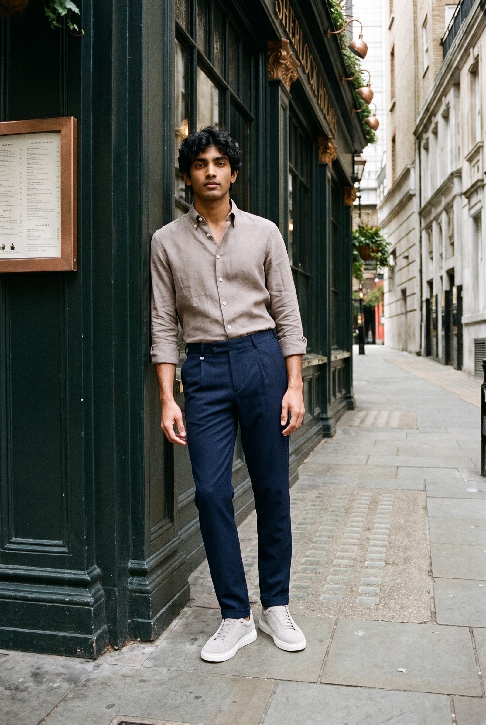 Look #1017 styled with Chemise d'été à manches longues en pur lin marron clair pour homme