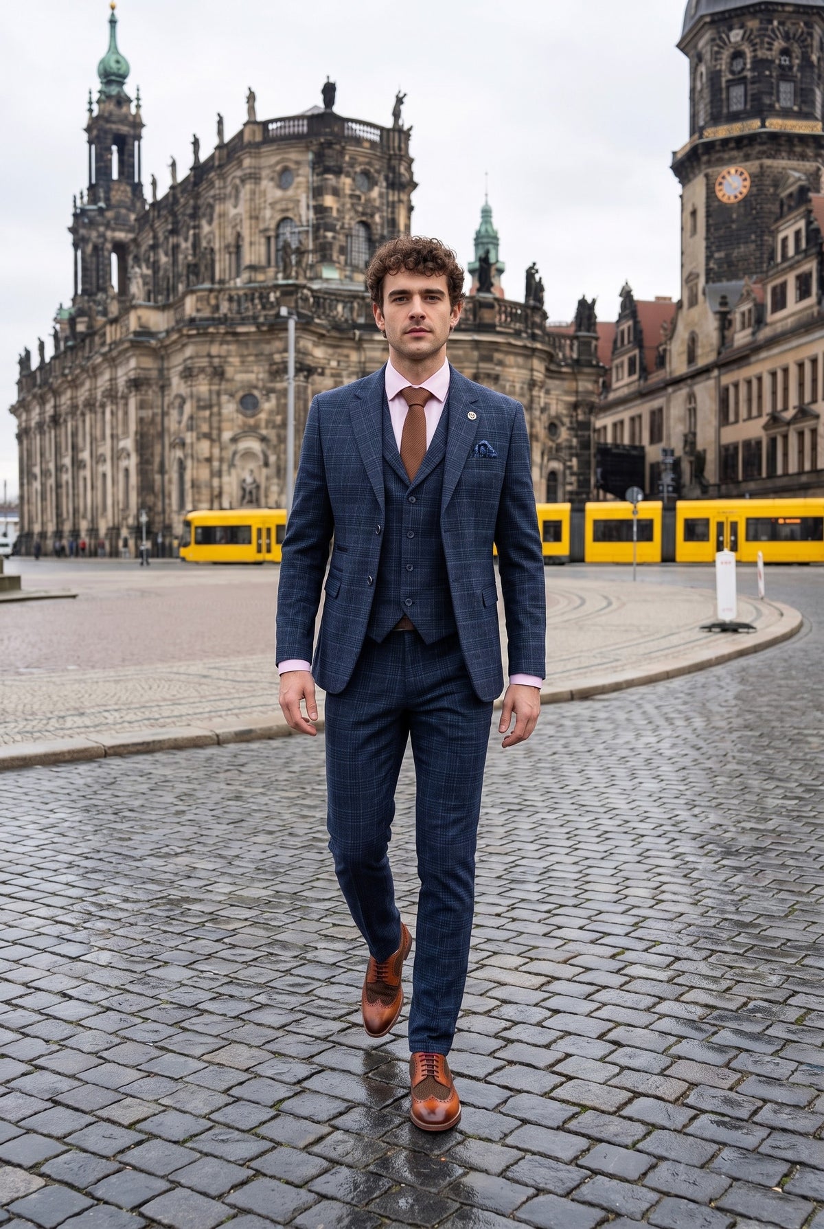 Look #981 styled with Costume trois pièces pour homme à carreaux tartan bleus