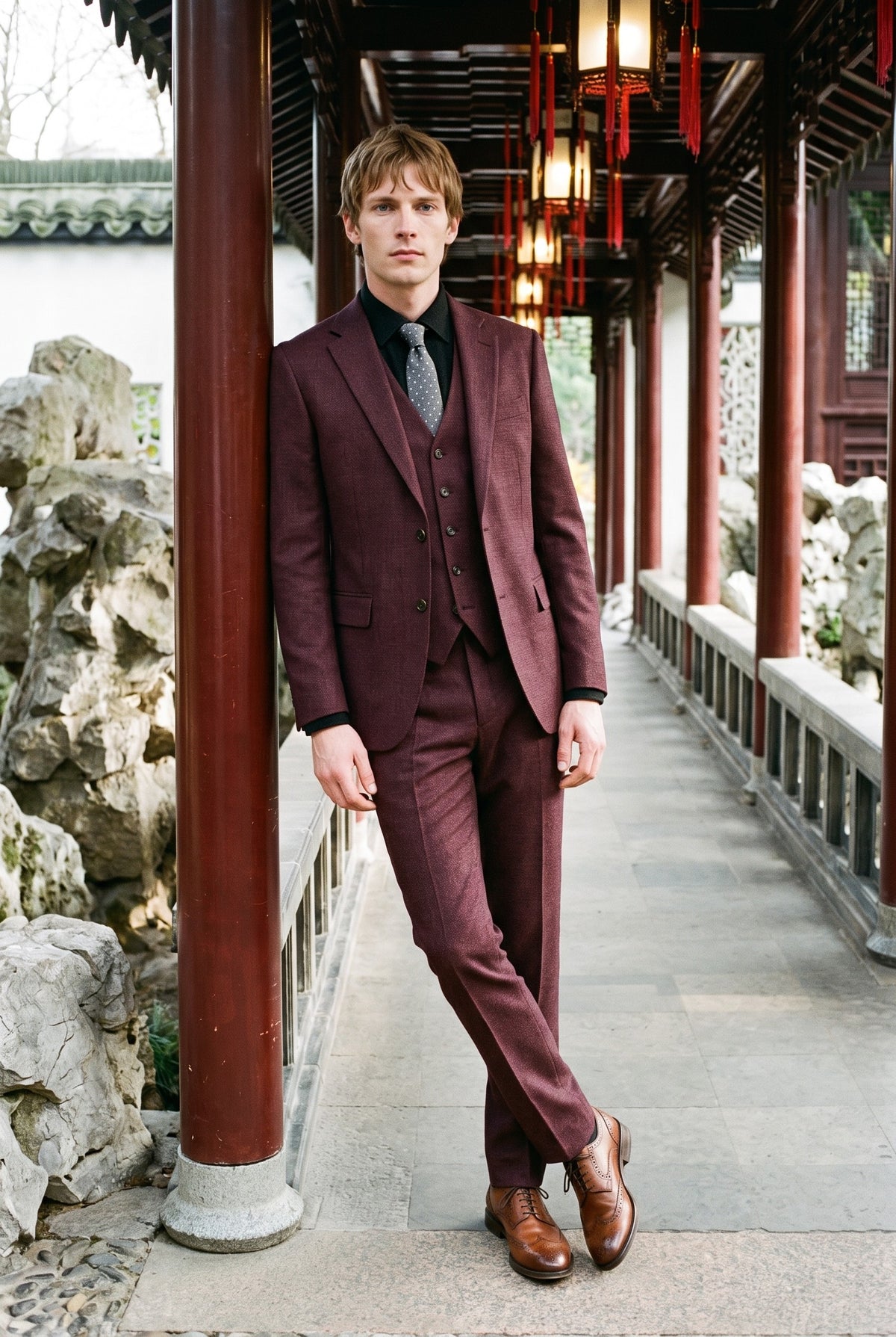 Look #237 styled with Caridi - Costume trois pièces bordeaux à carreaux pour homme