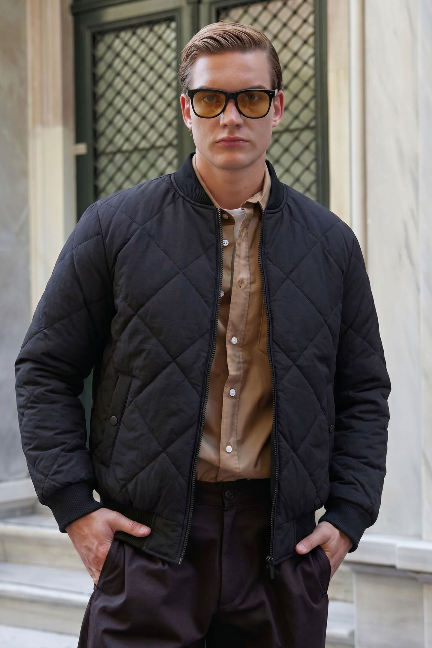 Blouson aviateur réversible pour homme, noir et beige, léger et matelassé, 2 en 1