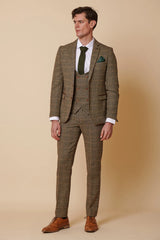 Costume trois pièces pour homme en tweed à chevrons beige et marron à carreaux, coupe ajustée, style classique double