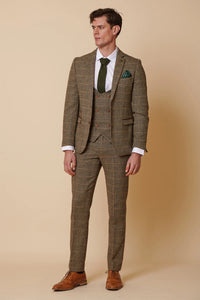 Costume trois pièces pour homme en tweed à chevrons beige et marron à carreaux, coupe ajustée, style classique double