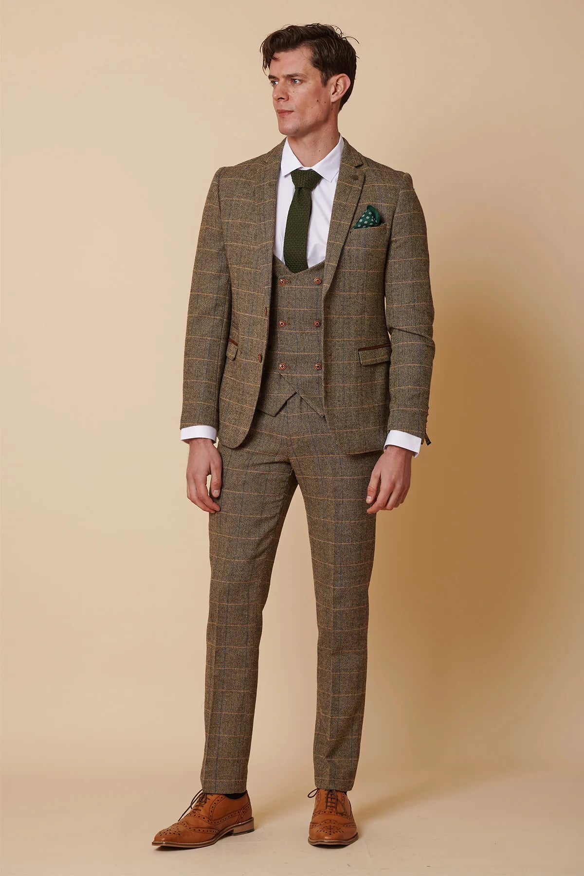 Costume trois pièces pour homme en tweed à chevrons beige et marron à carreaux, coupe ajustée, style classique double