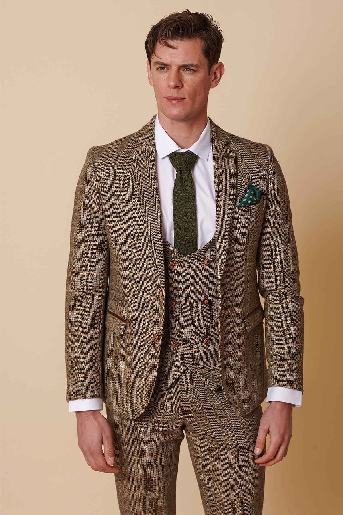 Costume trois pièces pour homme en tweed à chevrons beige et marron à carreaux, coupe ajustée, style classique double