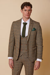 Costume trois pièces pour homme en tweed à chevrons beige et marron à carreaux, coupe ajustée, style classique double