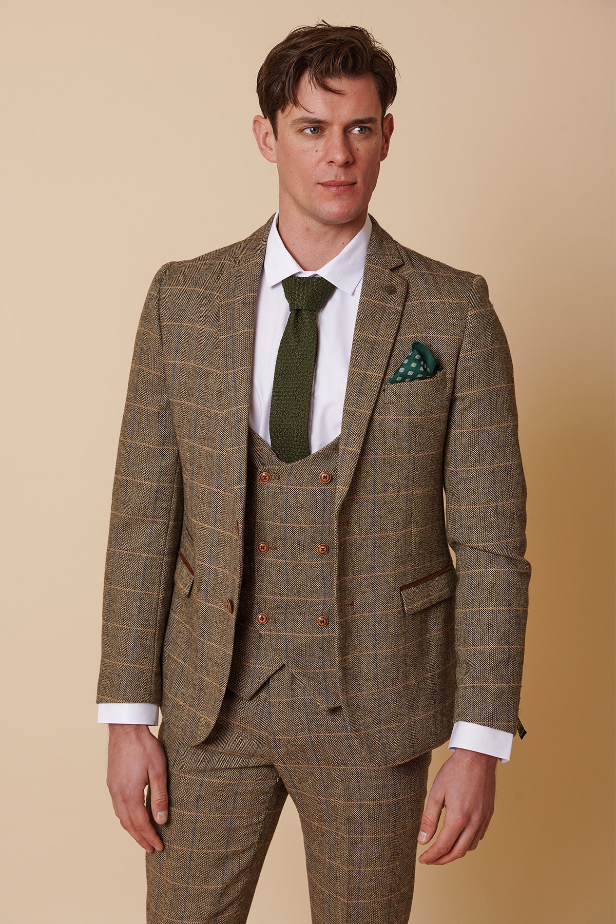 Costume trois pièces pour homme en tweed à chevrons beige et marron à carreaux, coupe ajustée, style classique double