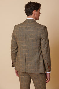 Costume trois pièces pour homme en tweed à chevrons beige et marron à carreaux, coupe ajustée, style classique double