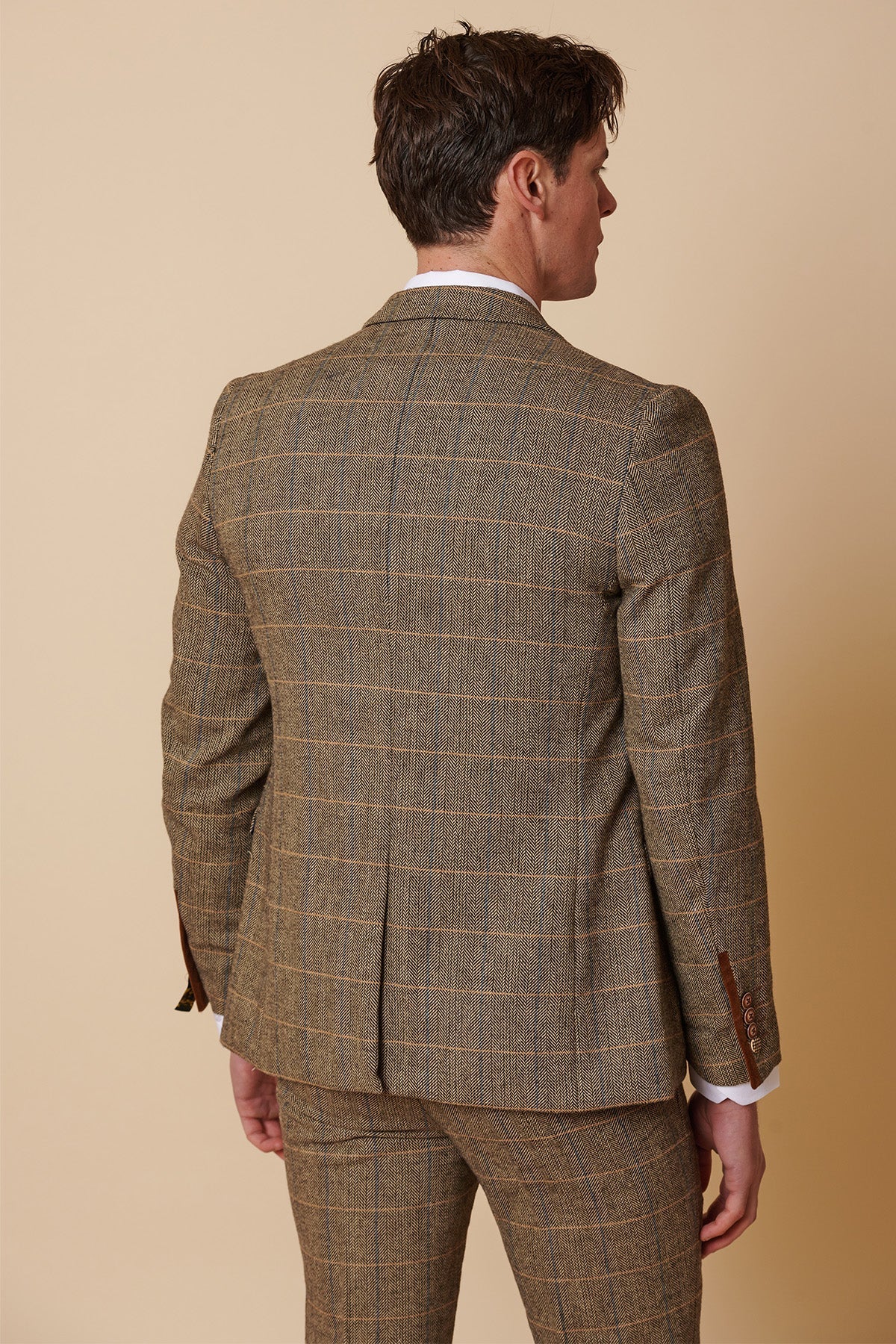 Costume trois pièces pour homme en tweed à chevrons beige et marron à carreaux, coupe ajustée, style classique double