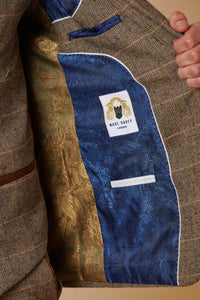 Costume trois pièces pour homme en tweed à chevrons beige et marron à carreaux, coupe ajustée, style classique double