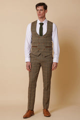 Costume trois pièces pour homme en tweed à chevrons beige et marron à carreaux, coupe ajustée, style classique double
