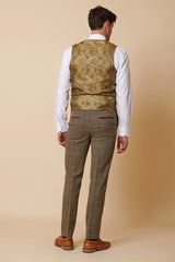 Costume trois pièces pour homme en tweed à chevrons beige et marron à carreaux, coupe ajustée, style classique double
