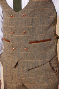 Costume trois pièces pour homme en tweed à chevrons beige et marron à carreaux, coupe ajustée, style classique double