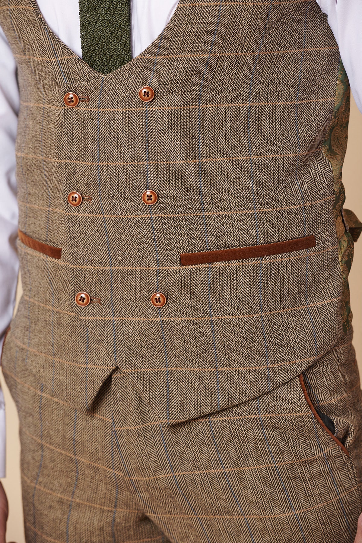 Costume trois pièces pour homme en tweed à chevrons beige et marron à carreaux, coupe ajustée, style classique double