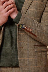 Costume trois pièces pour homme en tweed à chevrons beige et marron à carreaux, coupe ajustée, style classique double