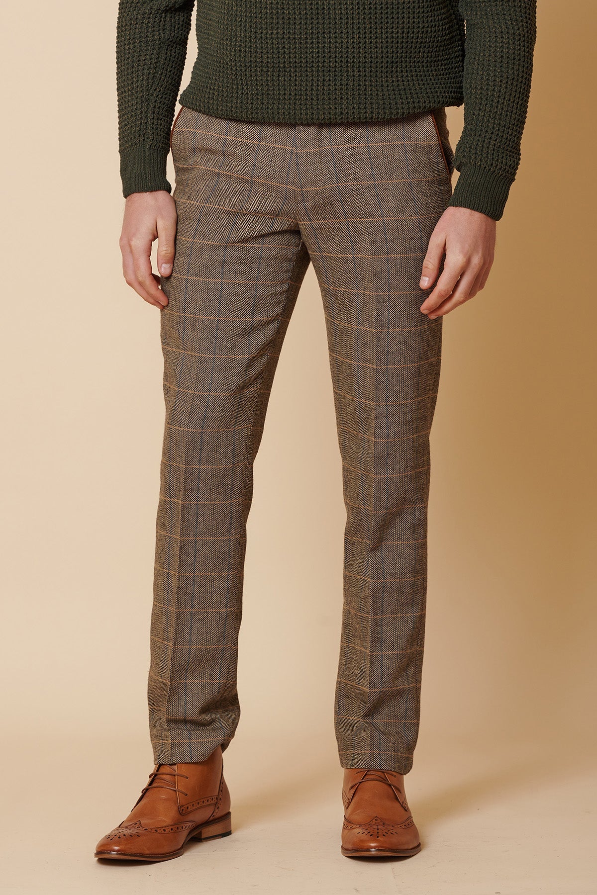 Costume trois pièces pour homme en tweed à chevrons beige et marron à carreaux, coupe ajustée, style classique double