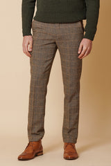 Costume trois pièces pour homme en tweed à chevrons beige et marron à carreaux, coupe ajustée, style classique double