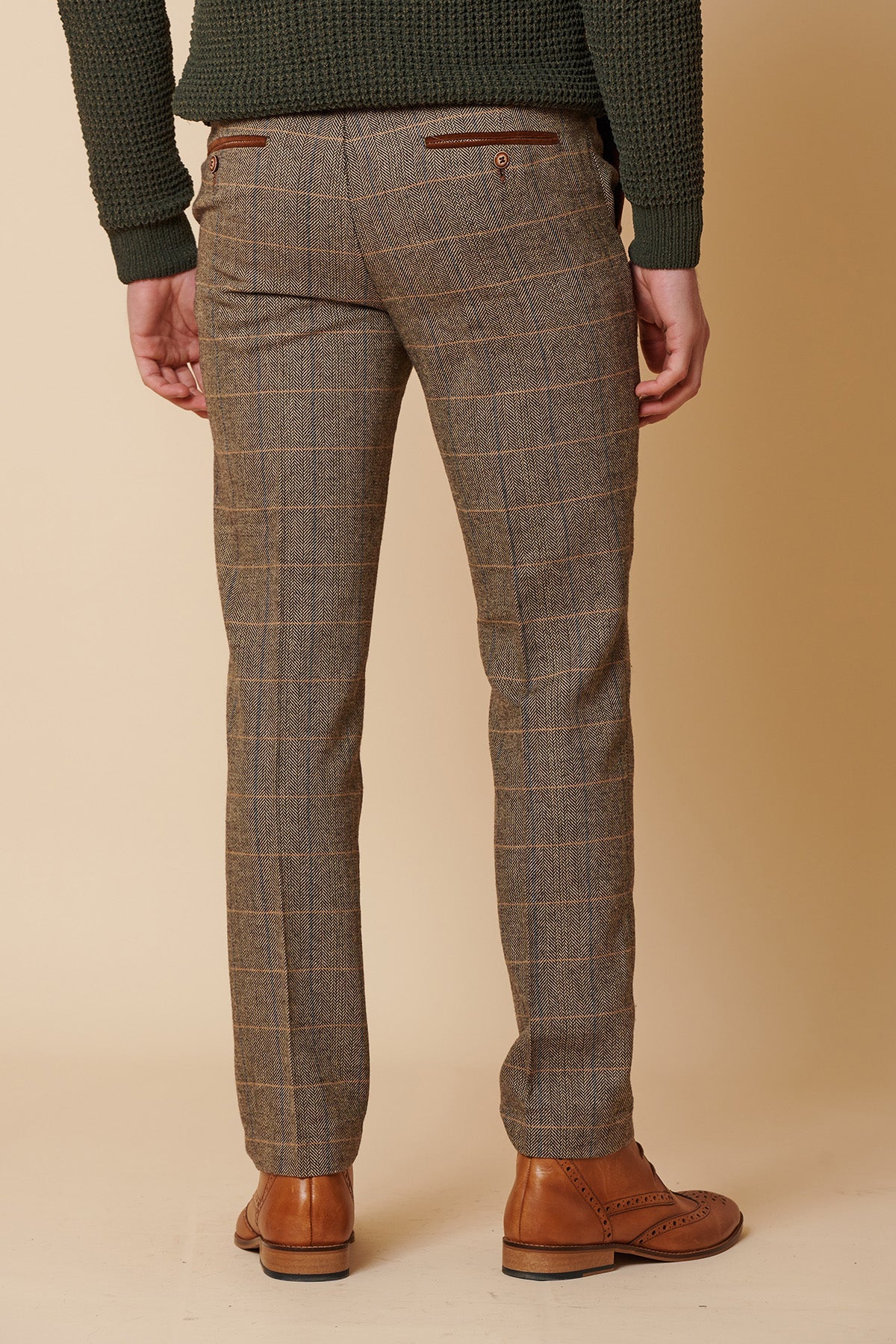 Costume trois pièces pour homme en tweed à chevrons beige et marron à carreaux, coupe ajustée, style classique double