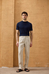 Pantalon beige pour homme en lin 100 % à plis et cordon de serrage, coupe droite décontractée