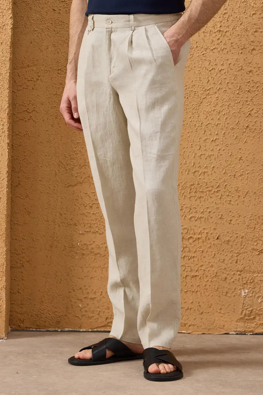Pantalon beige pour homme en lin 100 % à plis et cordon de serrage, coupe droite décontractée