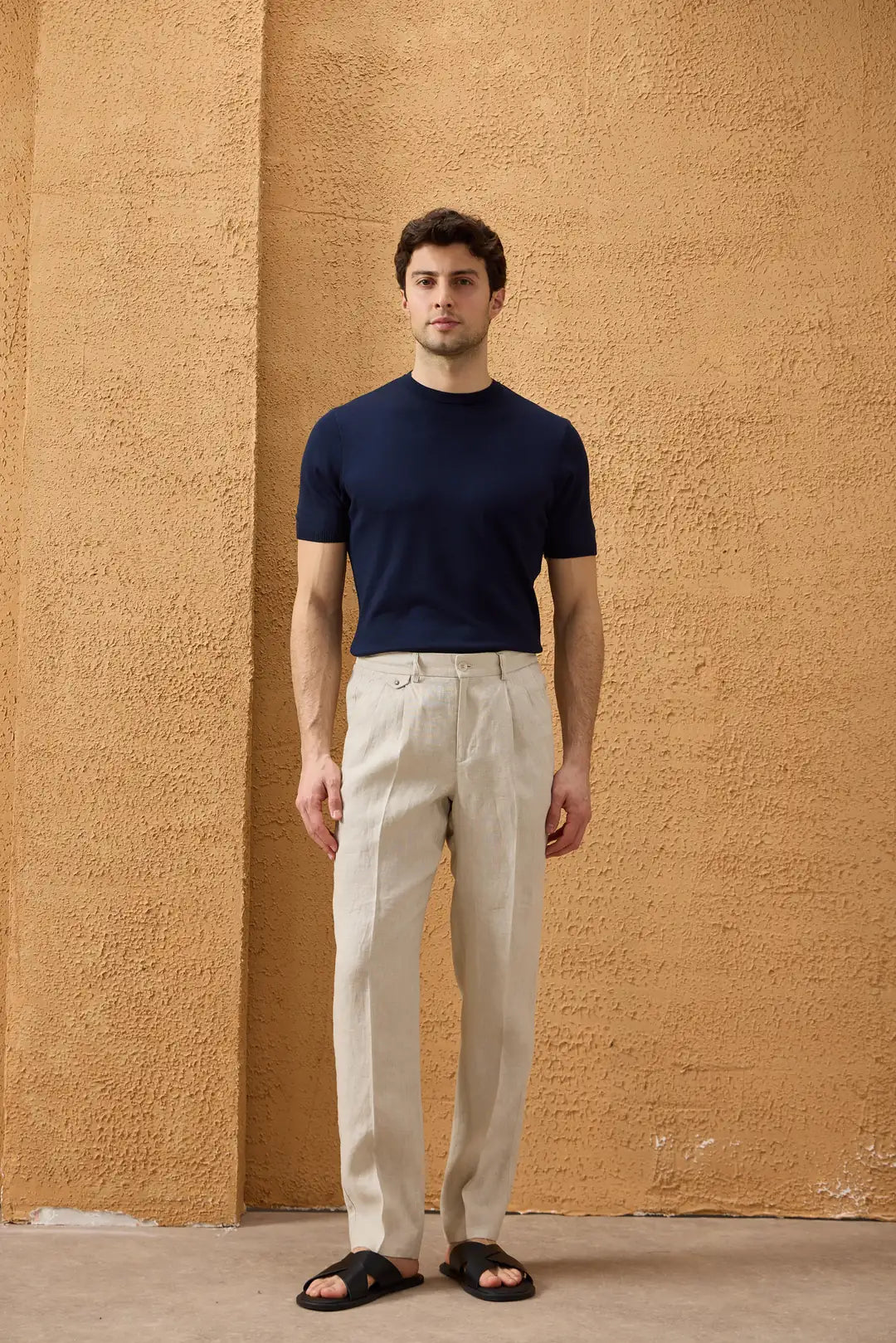 Costume deux pièces pour homme en lin beige, style safari, fermeture éclair, été.
