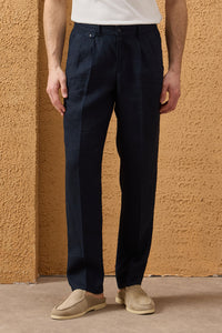 Pantalon homme bleu marine 100 % lin à plis et cordon de serrage, coupe droite décontractée