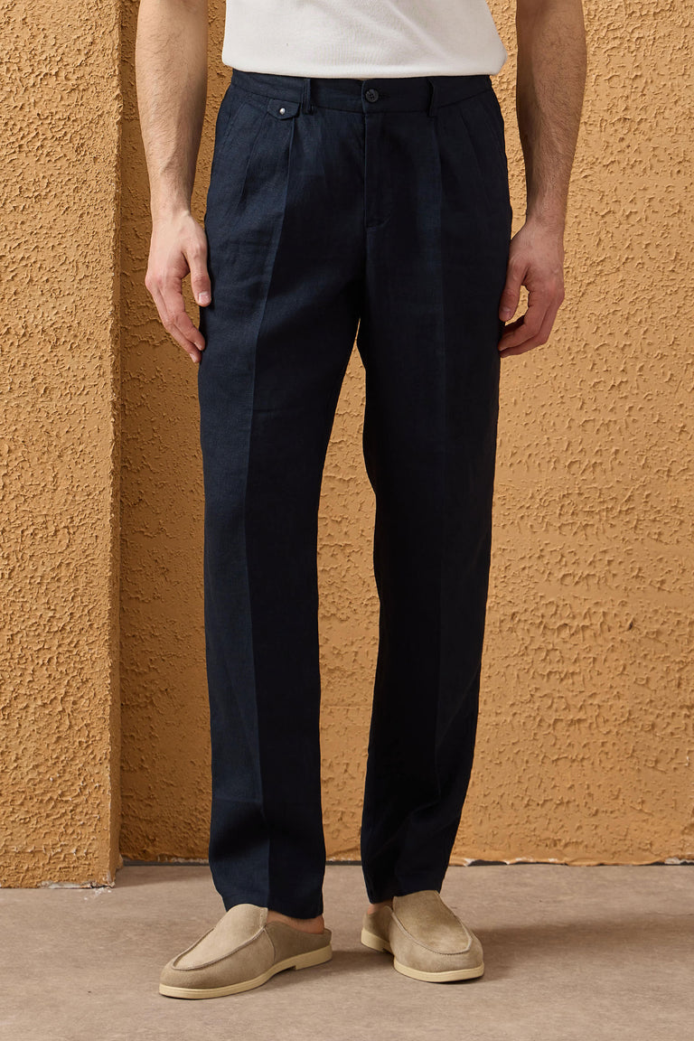Pantalon homme bleu marine 100 % lin à plis et cordon de serrage, coupe droite décontractée