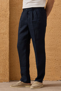 Costume deux pièces homme en lin bleu marine, style safari, fermeture éclair, idéal pour l'été